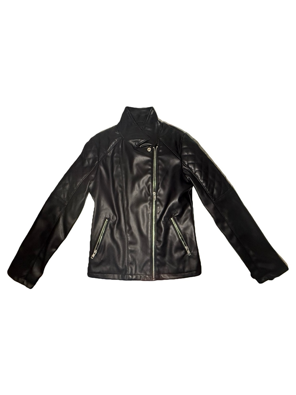 Kids Size 10-12 Black Faux Leather Asymmetrical Zip Jacket